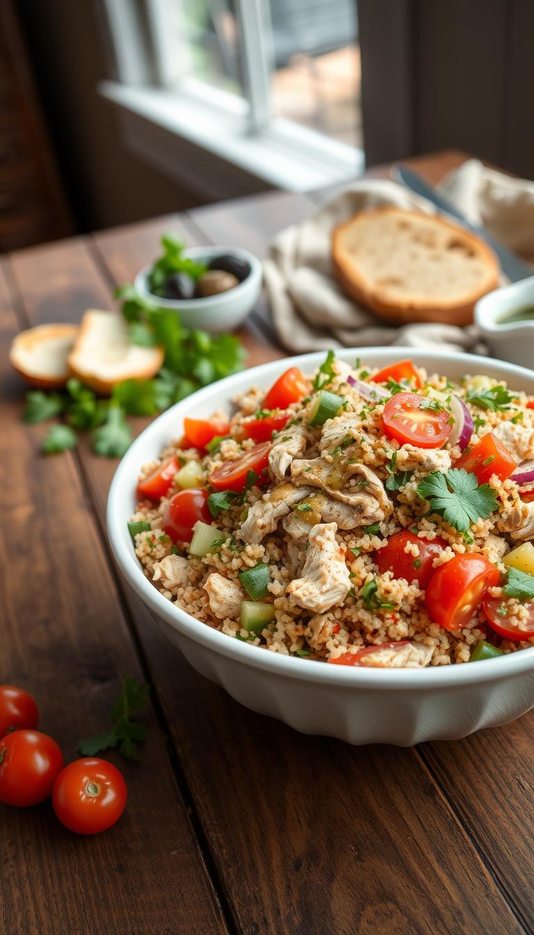 Vibrant Mediterranean Quinoa Chicken Salad arranged on a rustic wooden table. In the foreground, a white ceramic bowl overflows with a hearty mix of quinoa, shredded chicken, cherry tomatoes, cucumber, red onion, and fresh herbs like parsley and oregano. The salad is drizzled with a tangy lemon vinaigrette. In the middle ground, a few slices of crusty bread and a small side bowl of olives add texture and flavor. The background features a neutral linen napkin and natural lighting from a nearby window, creating a warm, inviting atmosphere. The entire scene is captured with a wide-angle lens, emphasizing the fresh, healthy, and Mediterranean-inspired nature of this delectable salad.