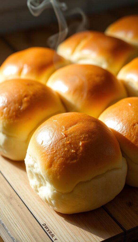 Warm, freshly-baked Instant Pot dinner rolls, their golden-brown crusts glistening under soft, natural lighting. The rolls are arranged on a rustic wooden table, their inviting aroma wafting through the air. Wispy steam rises from the tender, fluffy interiors, hinting at the satisfying texture within. The scene is captured from a slightly elevated angle, allowing the viewer to appreciate the alluring details of these homemade delights. A subtle, cozy ambiance pervades the image, beckoning the viewer to imagine tearing off a soft, pillowy piece and savoring its buttery goodness.