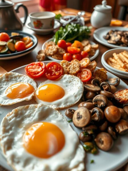 a delicious vegetarian full English breakfast, with perfectly cooked eggs, grilled tomatoes, sautéed mushrooms, crisp hash browns, and a selection of seasonal vegetables on a wooden table. The scene is bathed in warm, natural lighting, captured with a wide-angle lens to showcase the abundance of the meal. The overall atmosphere is cozy and inviting, evoking the comforts of a traditional English breakfast.