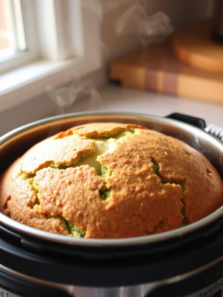 a freshly baked zucchini bread in a modern stainless steel instant pot, golden brown crust with visible flecks of green zucchini, steam rising from the top, soft and moist interior, delicious aroma filling the kitchen, lit by warm natural lighting from a nearby window, shot from an angle highlighting the instant pot's sleek design, with a simple, minimalist background to draw focus to the bread