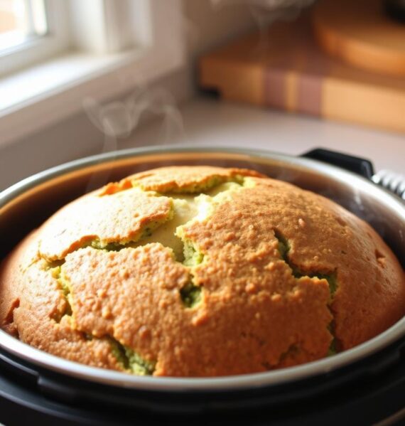 a freshly baked zucchini bread in a modern stainless steel instant pot, golden brown crust with visible flecks of green zucchini, steam rising from the top, soft and moist interior, delicious aroma filling the kitchen, lit by warm natural lighting from a nearby window, shot from an angle highlighting the instant pot's sleek design, with a simple, minimalist background to draw focus to the bread