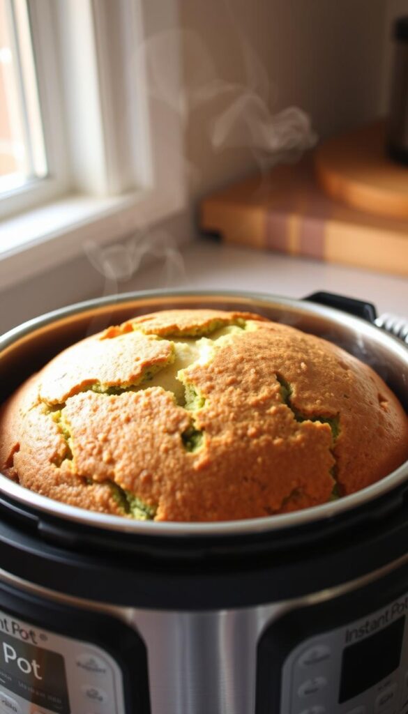 a freshly baked zucchini bread in a modern stainless steel instant pot, golden brown crust with visible flecks of green zucchini, steam rising from the top, soft and moist interior, delicious aroma filling the kitchen, lit by warm natural lighting from a nearby window, shot from an angle highlighting the instant pot's sleek design, with a simple, minimalist background to draw focus to the bread