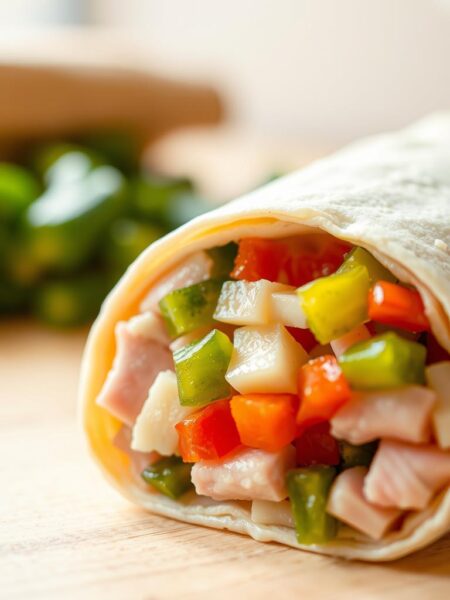 homemade ham and swiss breakfast burrito with bell peppers