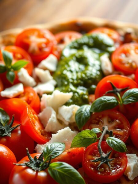 A bountiful arrangement of fresh and vibrant pizza toppings, captured in a soft, natural light. In the foreground, a selection of ripe, juicy tomatoes, their ruby red hues glistening. Nestled among them, fragrant basil leaves and creamy, hand-torn mozzarella cheese, creating a mouth-watering contrast. In the middle ground, a drizzle of vivid green pesto sauce, its herbal notes adding depth and complexity. The background features a wooden surface, lending a rustic, homemade aesthetic to the scene. This captivating composition evokes the flavors and textures of a delectable, homemade pizza, perfect for the "Pesto, Tomato, and Fresh Mozzarella" section of the article.