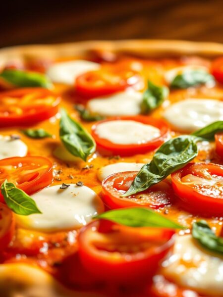 A bright, appetizing close-up of a freshly baked Margherita pizza. The crust is golden and crisp, with a scattering of plump, juicy tomatoes, creamy mozzarella cheese, and vibrant green basil leaves. The lighting is warm and inviting, casting a soft glow over the scene. The pizza is shot from an angle that showcases the tantalizing toppings, highlighting their textures and colors. The background is blurred, keeping the focus on the delectable pizza in the foreground. The overall mood is one of mouthwatering temptation, inviting the viewer to imagine the satisfying flavors and aromas.