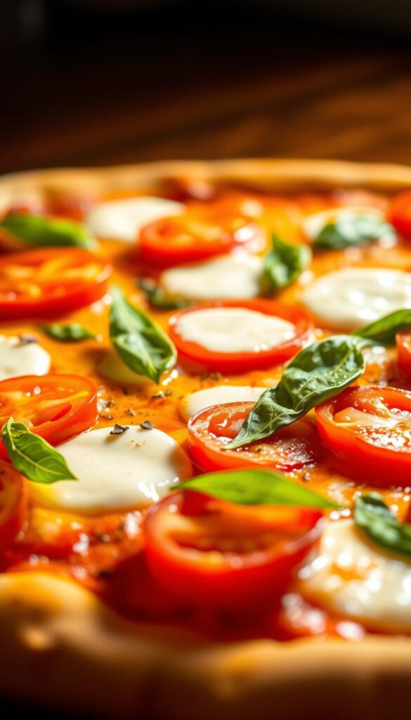 A bright, appetizing close-up of a freshly baked Margherita pizza. The crust is golden and crisp, with a scattering of plump, juicy tomatoes, creamy mozzarella cheese, and vibrant green basil leaves. The lighting is warm and inviting, casting a soft glow over the scene. The pizza is shot from an angle that showcases the tantalizing toppings, highlighting their textures and colors. The background is blurred, keeping the focus on the delectable pizza in the foreground. The overall mood is one of mouthwatering temptation, inviting the viewer to imagine the satisfying flavors and aromas.