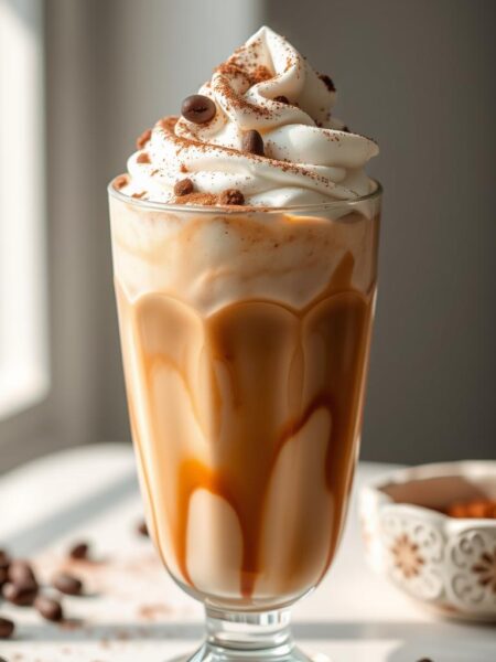 A chilled, creamy Greek yogurt coffee frappe with a rich, espresso-forward flavor, garnished with a dusting of cocoa powder and a swirl of whipped cream. The frappe is served in a tall, clear glass, showcasing the layered textures and colors - the deep brown of the coffee, the pale ivory of the yogurt, and the luscious white of the cream. Soft, natural lighting from the side creates depth and highlights the glossy, smooth surface. The overall mood is refreshing, indulgent, and sophisticated, capturing the perfect pick-me-up for a busy morning.