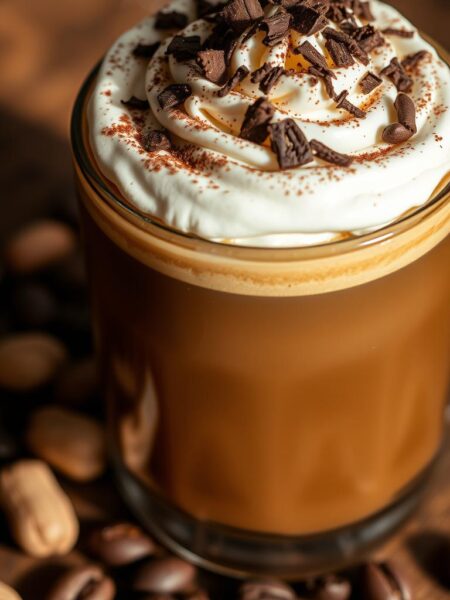 A close-up shot of a steaming hot mug filled with a rich, creamy peanut butter-infused coffee blend. The dark, aromatic liquid is topped with a fluffy layer of whipped cream, sprinkled with shredded dark chocolate and a dusting of cocoa powder. The mug is set on a wooden surface, surrounded by a few whole peanuts and a scattering of coffee beans, evoking a cozy, artisanal cafe atmosphere. Soft, directional lighting casts warm shadows, highlighting the smooth, velvety texture of the drink. The overall mood is indulgent, comforting, and perfect for a nourishing high-protein start to the day.