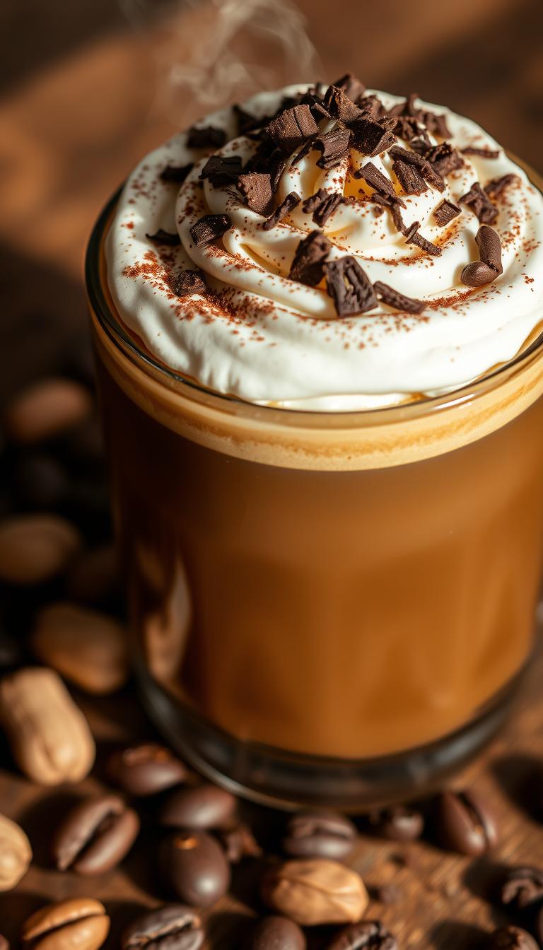 A close-up shot of a steaming hot mug filled with a rich, creamy peanut butter-infused coffee blend. The dark, aromatic liquid is topped with a fluffy layer of whipped cream, sprinkled with shredded dark chocolate and a dusting of cocoa powder. The mug is set on a wooden surface, surrounded by a few whole peanuts and a scattering of coffee beans, evoking a cozy, artisanal cafe atmosphere. Soft, directional lighting casts warm shadows, highlighting the smooth, velvety texture of the drink. The overall mood is indulgent, comforting, and perfect for a nourishing high-protein start to the day.