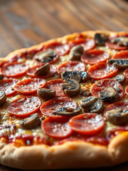 A close-up view of an appetizing pepperoni and mushroom pizza, captured in warm, natural lighting. The pie rests on a rustic wooden surface, its crust glistening with a golden-brown sheen. Slices of crisp pepperoni and earthy, sautéed mushrooms are generously scattered across the surface, their textures and colors creating a visually enticing contrast. The background is softly blurred, allowing the pizza to be the central focus, inviting the viewer to imagine the savory aromas and satisfying flavors of this classic topping combination.