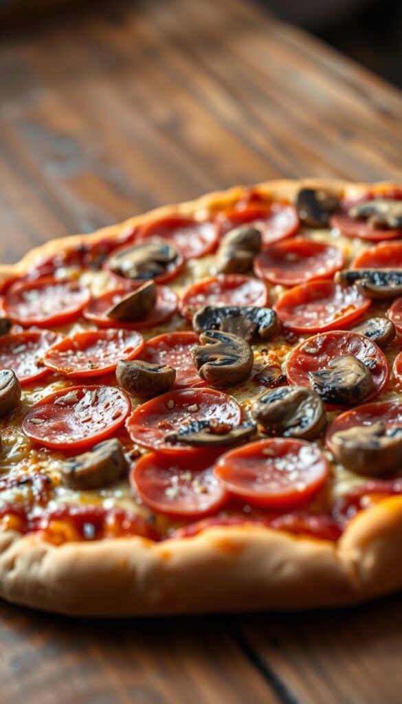 A close-up view of an appetizing pepperoni and mushroom pizza, captured in warm, natural lighting. The pie rests on a rustic wooden surface, its crust glistening with a golden-brown sheen. Slices of crisp pepperoni and earthy, sautéed mushrooms are generously scattered across the surface, their textures and colors creating a visually enticing contrast. The background is softly blurred, allowing the pizza to be the central focus, inviting the viewer to imagine the savory aromas and satisfying flavors of this classic topping combination.