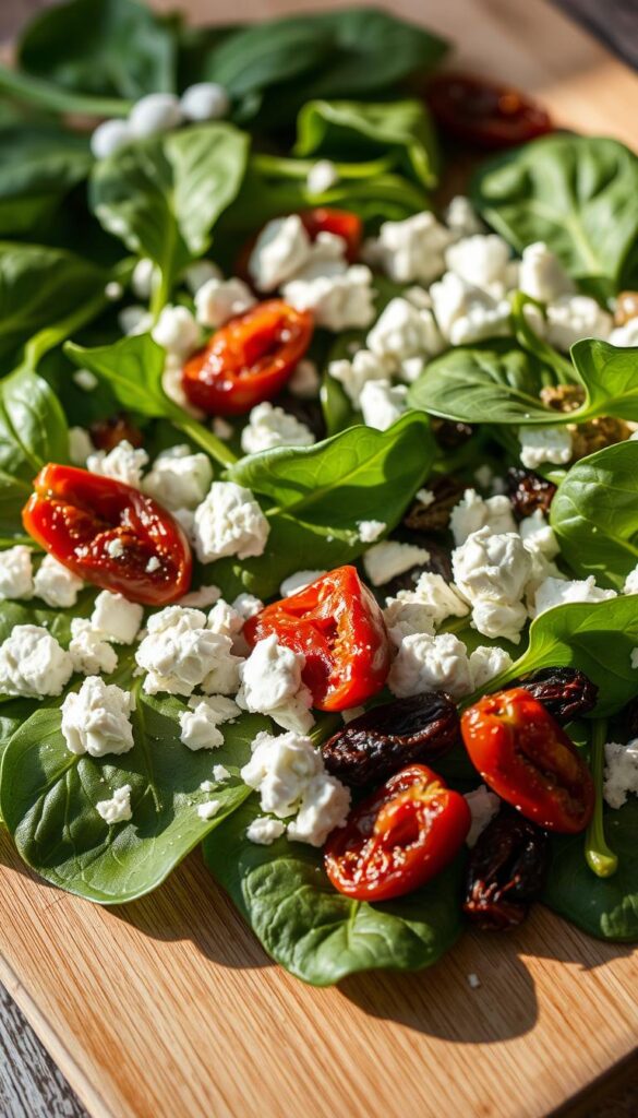 A close-up view of an assortment of fresh, vibrant spinach leaves, crumbled feta cheese, and sun-dried tomatoes arranged artfully on a wooden cutting board. Soft, natural lighting casts gentle shadows, highlighting the textures and colors of the ingredients. The arrangement is balanced and visually appealing, evoking a sense of healthiness and culinary craftsmanship. The scene conveys a rustic, Mediterranean-inspired atmosphere, inviting the viewer to imagine the delicious pizza that could be created with these flavorful toppings.
