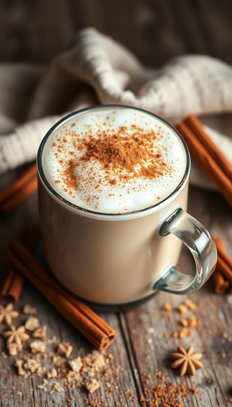 A cozy and inviting cinnamon brown sugar latte, its rich espresso base complemented by the warm, comforting flavors of cinnamon and brown sugar. The smooth, creamy texture of the steamed milk is topped with a delicate layer of foam, dusted with a light sprinkling of ground cinnamon. The mug rests on a rustic wooden surface, surrounded by a few cinnamon sticks and a sprinkle of brown sugar crystals. Soft, natural lighting casts a gentle glow, creating a soothing and autumnal atmosphere.