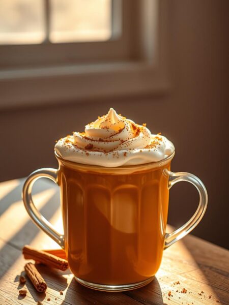 A cozy, autumn-inspired pumpkin spice latte, meticulously crafted with a rich, creamy texture. The beverage is served in a stylish, ceramic mug, adorned with a crown of lightly whipped cream and a dusting of warm, aromatic spices. Sunlight streams through a window, casting a soft, golden glow over the scene, creating a tranquil, inviting atmosphere. The background features a minimalist, rustic wooden tabletop, highlighting the warm tones of the drink and creating a serene, comforting ambiance. A sense of coziness and contentment permeates the image, perfectly capturing the essence of a quintessential fall treat.