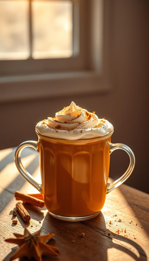 A cozy, autumn-inspired pumpkin spice latte, meticulously crafted with a rich, creamy texture. The beverage is served in a stylish, ceramic mug, adorned with a crown of lightly whipped cream and a dusting of warm, aromatic spices. Sunlight streams through a window, casting a soft, golden glow over the scene, creating a tranquil, inviting atmosphere. The background features a minimalist, rustic wooden tabletop, highlighting the warm tones of the drink and creating a serene, comforting ambiance. A sense of coziness and contentment permeates the image, perfectly capturing the essence of a quintessential fall treat.
