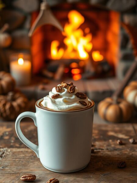 A cozy autumn scene, a mug of maple pecan coffee takes center stage on a rustic wooden table. The rich, aromatic beverage steams gently, garnished with a swirl of whipped cream and a sprinkling of toasted pecans. In the background, a fire crackles in a stone fireplace, casting a warm, golden glow. Soft, ambient lighting illuminates the scene, creating a sense of comfort and coziness. The overall atmosphere evokes the essence of a cozy fall day, perfect for savoring a delightful maple pecan coffee.