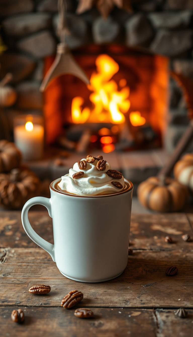 A cozy autumn scene, a mug of maple pecan coffee takes center stage on a rustic wooden table. The rich, aromatic beverage steams gently, garnished with a swirl of whipped cream and a sprinkling of toasted pecans. In the background, a fire crackles in a stone fireplace, casting a warm, golden glow. Soft, ambient lighting illuminates the scene, creating a sense of comfort and coziness. The overall atmosphere evokes the essence of a cozy fall day, perfect for savoring a delightful maple pecan coffee.