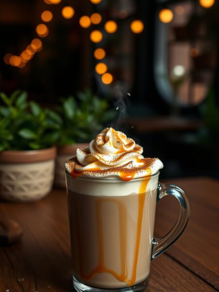 A cozy, dimly lit cafe setting. On a wooden table, a steaming mug of salted caramel mocha takes center stage. The rich, creamy beverage is topped with swirls of whipped cream, dusted with cocoa powder, and drizzled with glossy caramel. Shards of crunchy sea salt glisten on the surface, adding a delightful contrast to the sweetness. In the background, a row of potted plants and the warm glow of string lights create a intimate, autumnal ambiance. Soft, diffused lighting casts a gentle, inviting spotlight on the indulgent drink, emphasizing its tempting, fall-inspired flavors.