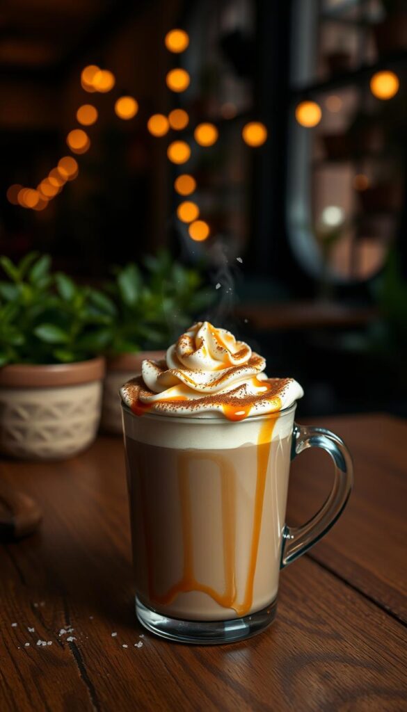 A cozy, dimly lit cafe setting. On a wooden table, a steaming mug of salted caramel mocha takes center stage. The rich, creamy beverage is topped with swirls of whipped cream, dusted with cocoa powder, and drizzled with glossy caramel. Shards of crunchy sea salt glisten on the surface, adding a delightful contrast to the sweetness. In the background, a row of potted plants and the warm glow of string lights create a intimate, autumnal ambiance. Soft, diffused lighting casts a gentle, inviting spotlight on the indulgent drink, emphasizing its tempting, fall-inspired flavors.
