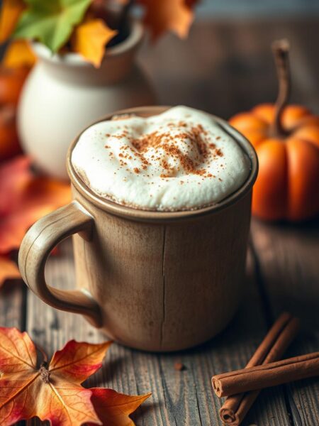A cozy fall scene of a warm, frothy apple crisp macchiato nestled in a rustic, wooden mug. The rich, caramel-colored beverage is topped with a fluffy, vanilla-scented foam and a sprinkle of cinnamon. The mug sits atop a weathered wooden table, surrounded by autumnal leaves and a stray cinnamon stick. The lighting is soft and diffused, creating a warm, inviting atmosphere. A sense of comfort and coziness permeates the image, reflecting the seasonal warmth of this delightful fall coffee drink.