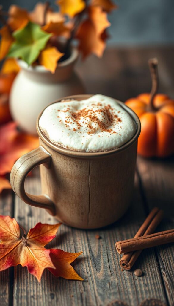 A cozy fall scene of a warm, frothy apple crisp macchiato nestled in a rustic, wooden mug. The rich, caramel-colored beverage is topped with a fluffy, vanilla-scented foam and a sprinkle of cinnamon. The mug sits atop a weathered wooden table, surrounded by autumnal leaves and a stray cinnamon stick. The lighting is soft and diffused, creating a warm, inviting atmosphere. A sense of comfort and coziness permeates the image, reflecting the seasonal warmth of this delightful fall coffee drink.