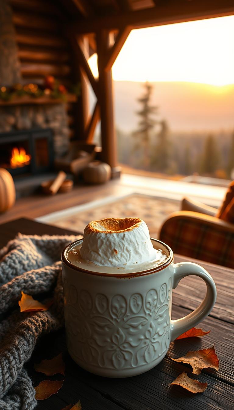 A cozy, inviting scene of a toasted marshmallow latte, set against a warm, autumnal backdrop. In the foreground, a large ceramic mug filled with a creamy, latte-like beverage, topped with a perfectly golden-brown, toasted marshmallow. The mug is placed on a rustic wooden table, surrounded by a few scattered fall leaves and a knitted blanket. The lighting is soft and warm, creating a gentle, comforting atmosphere. In the middle ground, a glimpse of a cozy, cabin-like interior, with exposed beams and a crackling fireplace. The background features a panoramic view of a serene, forested landscape, bathed in the golden hues of the setting sun. The overall mood is one of soothing tranquility and autumnal coziness.