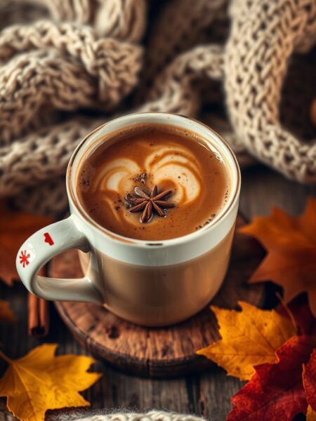 A cozy mug of steaming chai-spiced coffee, its surface swirled with fragrant cinnamon and clove. The rich, aromatic liquid gently steams, its warmth radiating outwards. The mug is set atop a rustic wooden table, surrounded by autumn leaves and a knitted blanket. Soft, indirect lighting casts a golden glow, creating a sense of intimate comfort. The composition is framed at a slightly elevated angle, emphasizing the inviting nature of the drink. The overall mood is one of tranquility and the embrace of the fall season.