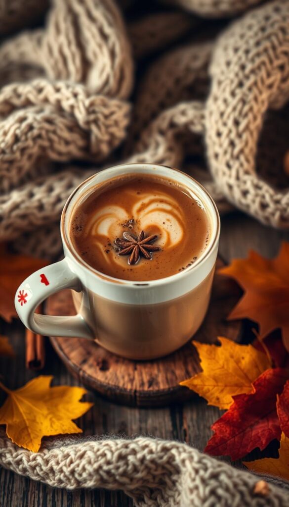 A cozy mug of steaming chai-spiced coffee, its surface swirled with fragrant cinnamon and clove. The rich, aromatic liquid gently steams, its warmth radiating outwards. The mug is set atop a rustic wooden table, surrounded by autumn leaves and a knitted blanket. Soft, indirect lighting casts a golden glow, creating a sense of intimate comfort. The composition is framed at a slightly elevated angle, emphasizing the inviting nature of the drink. The overall mood is one of tranquility and the embrace of the fall season.