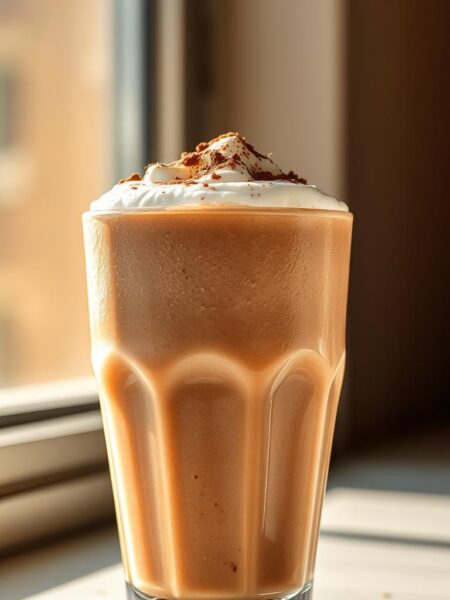 A creamy, frothy coconut shake with a rich, mocha-like color, garnished with a sprinkling of dark cocoa powder and a silky-smooth coconut milk foam topping. The glass is sweating with condensation, reflecting the warm, tropical vibe. Sunlight gently filters through the window, casting a warm, golden glow over the refreshing beverage. The overall scene conveys a sense of indulgence and nourishment, perfect for a high-protein coffee-inspired morning treat.