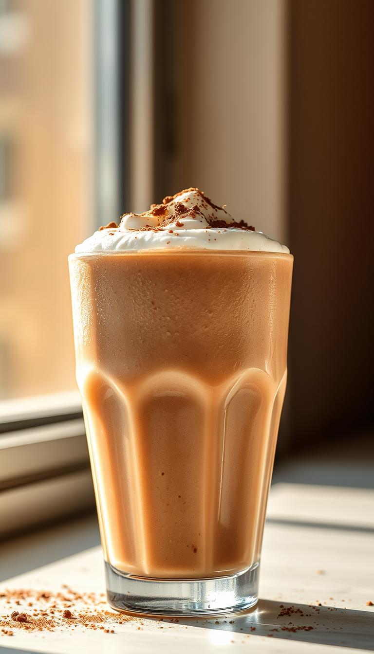 A creamy, frothy coconut shake with a rich, mocha-like color, garnished with a sprinkling of dark cocoa powder and a silky-smooth coconut milk foam topping. The glass is sweating with condensation, reflecting the warm, tropical vibe. Sunlight gently filters through the window, casting a warm, golden glow over the refreshing beverage. The overall scene conveys a sense of indulgence and nourishment, perfect for a high-protein coffee-inspired morning treat.