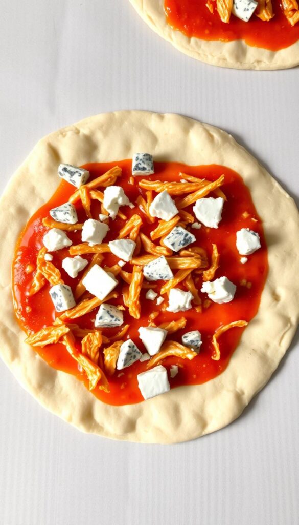 A crisp, thin-crust pizza dough base with a tangy buffalo sauce, juicy shredded chicken, and creamy blue cheese crumbles. The toppings are artfully arranged in a visually appealing pattern, with the blue cheese pops of color contrasting against the deep red of the sauce. The lighting is soft and natural, casting gentle shadows that accentuate the texture of the ingredients. The overall composition is balanced and harmonious, inviting the viewer to imagine the delightful flavors and textures of this unique pizza combination.