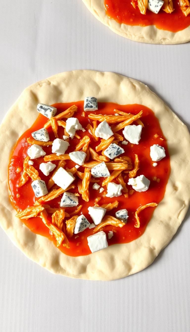 A crisp, thin-crust pizza dough base with a tangy buffalo sauce, juicy shredded chicken, and creamy blue cheese crumbles. The toppings are artfully arranged in a visually appealing pattern, with the blue cheese pops of color contrasting against the deep red of the sauce. The lighting is soft and natural, casting gentle shadows that accentuate the texture of the ingredients. The overall composition is balanced and harmonious, inviting the viewer to imagine the delightful flavors and textures of this unique pizza combination.