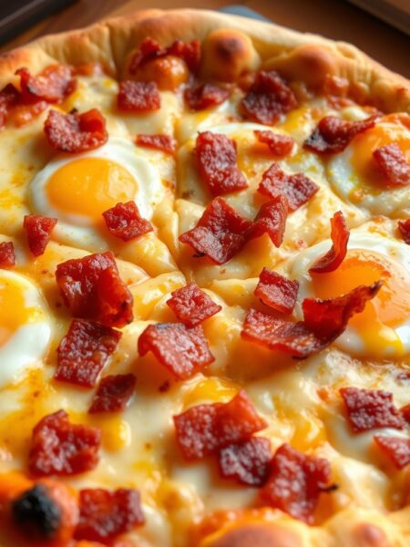 A delectable breakfast pizza with a golden-brown crust, melted cheese, crispy bacon, and fluffy scrambled eggs. The crust is freshly baked with a slightly charred edge, creating a delightful texture. The cheese is a mix of mozzarella and cheddar, perfectly melted and gooey. Slices of crispy bacon are scattered across the pizza, adding a savory, smoky flavor. The scrambled eggs are light and fluffy, creating a creamy contrast to the other toppings. The pizza is lit from above with warm, natural lighting, casting a cozy, inviting glow. The scene is captured from a slightly elevated angle, showcasing the layers of toppings and the inviting presentation.