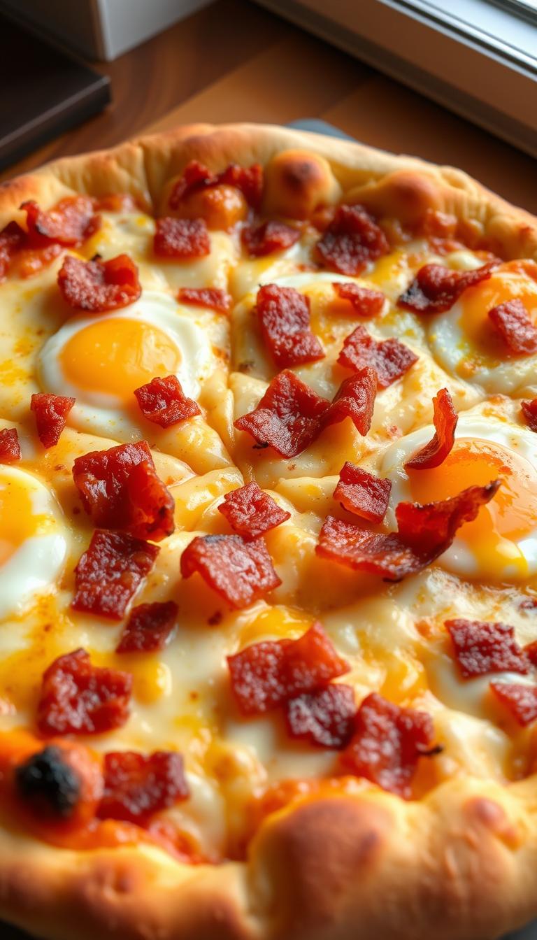 A delectable breakfast pizza with a golden-brown crust, melted cheese, crispy bacon, and fluffy scrambled eggs. The crust is freshly baked with a slightly charred edge, creating a delightful texture. The cheese is a mix of mozzarella and cheddar, perfectly melted and gooey. Slices of crispy bacon are scattered across the pizza, adding a savory, smoky flavor. The scrambled eggs are light and fluffy, creating a creamy contrast to the other toppings. The pizza is lit from above with warm, natural lighting, casting a cozy, inviting glow. The scene is captured from a slightly elevated angle, showcasing the layers of toppings and the inviting presentation.