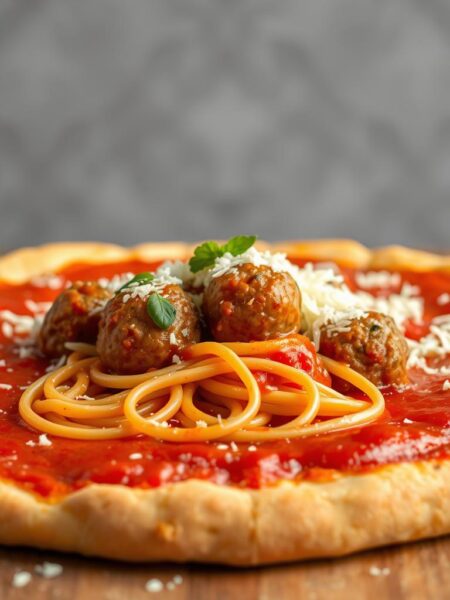 A delectable fusion of Italian classics, a tantalizing spaghetti and meatball pizza takes center stage. In the foreground, a crisp, golden-brown crust serves as the base, topped with a vibrant red tomato sauce. Nestled upon the saucy canvas, perfectly cooked spaghetti noodles intertwine with succulent, juicy meatballs, creating a harmonious balance of textures. The middle ground showcases a generous sprinkle of shredded mozzarella cheese, melted to gooey perfection, while the background features a soft, diffused lighting that casts a warm, inviting glow over the entire scene. The overall composition captures the essence of this innovative and mouthwatering culinary creation.