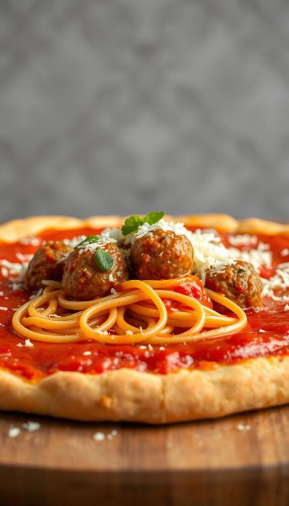A delectable fusion of Italian classics, a tantalizing spaghetti and meatball pizza takes center stage. In the foreground, a crisp, golden-brown crust serves as the base, topped with a vibrant red tomato sauce. Nestled upon the saucy canvas, perfectly cooked spaghetti noodles intertwine with succulent, juicy meatballs, creating a harmonious balance of textures. The middle ground showcases a generous sprinkle of shredded mozzarella cheese, melted to gooey perfection, while the background features a soft, diffused lighting that casts a warm, inviting glow over the entire scene. The overall composition captures the essence of this innovative and mouthwatering culinary creation.