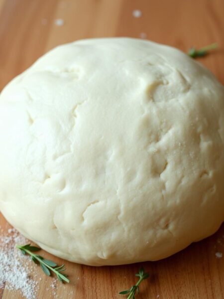 A fresh, golden-brown whole wheat pizza dough, glistening with a light sheen, rests on a wooden surface. The dough's surface displays a delicate, lightly textured pattern, hinting at its soft and pliable interior. Scattered around the dough are a few sprigs of fresh herbs, adding a touch of rustic charm. The lighting is soft and natural, casting subtle shadows that accentuate the dough's three-dimensional form. The camera angle is slightly elevated, allowing the viewer to appreciate the dough's shapely, circular silhouette. The overall mood is one of simplicity, warmth, and the promise of a satisfying, homemade pizza experience.