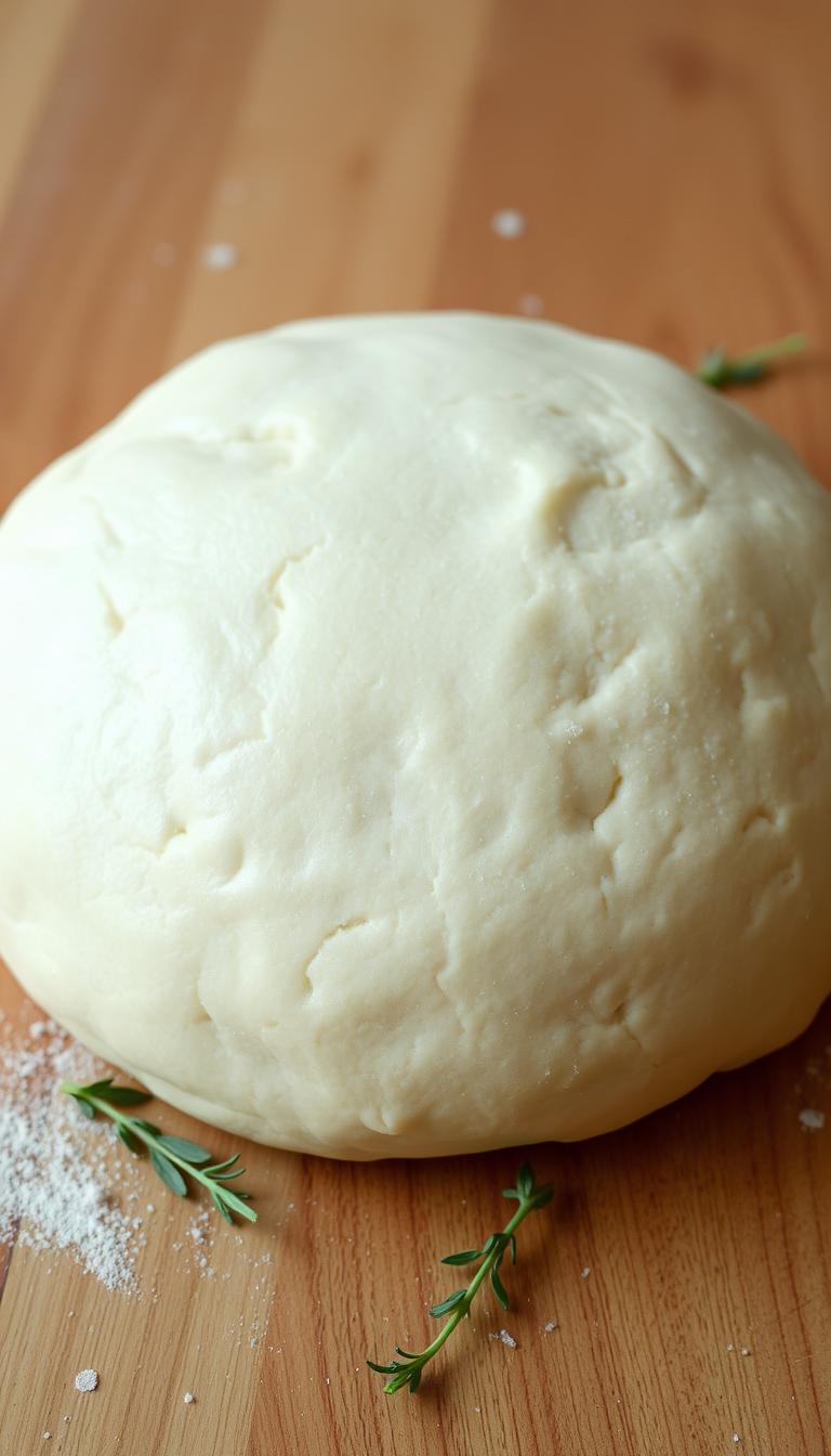 A fresh, golden-brown whole wheat pizza dough, glistening with a light sheen, rests on a wooden surface. The dough's surface displays a delicate, lightly textured pattern, hinting at its soft and pliable interior. Scattered around the dough are a few sprigs of fresh herbs, adding a touch of rustic charm. The lighting is soft and natural, casting subtle shadows that accentuate the dough's three-dimensional form. The camera angle is slightly elevated, allowing the viewer to appreciate the dough's shapely, circular silhouette. The overall mood is one of simplicity, warmth, and the promise of a satisfying, homemade pizza experience.