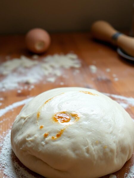 A freshly baked Greek yogurt pizza dough, glistening with a golden-brown crust, sits prominently in the foreground. The dough is perfectly round, with a soft, pillowy texture that invites the viewer to imagine its delightful elasticity. In the middle ground, a wooden surface provides a rustic backdrop, with a dusting of flour and a few stray ingredients suggesting the process of its creation. The lighting is soft and natural, casting a warm, inviting glow over the scene, while the camera angle captures the dough from a slightly elevated perspective, emphasizing its artisanal charm. The overall mood is one of homemade comfort and culinary delight, perfectly suited to illustrate a section on this simple yet delicious pizza dough recipe.