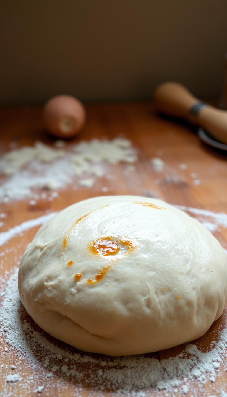 A freshly baked Greek yogurt pizza dough, glistening with a golden-brown crust, sits prominently in the foreground. The dough is perfectly round, with a soft, pillowy texture that invites the viewer to imagine its delightful elasticity. In the middle ground, a wooden surface provides a rustic backdrop, with a dusting of flour and a few stray ingredients suggesting the process of its creation. The lighting is soft and natural, casting a warm, inviting glow over the scene, while the camera angle captures the dough from a slightly elevated perspective, emphasizing its artisanal charm. The overall mood is one of homemade comfort and culinary delight, perfectly suited to illustrate a section on this simple yet delicious pizza dough recipe.
