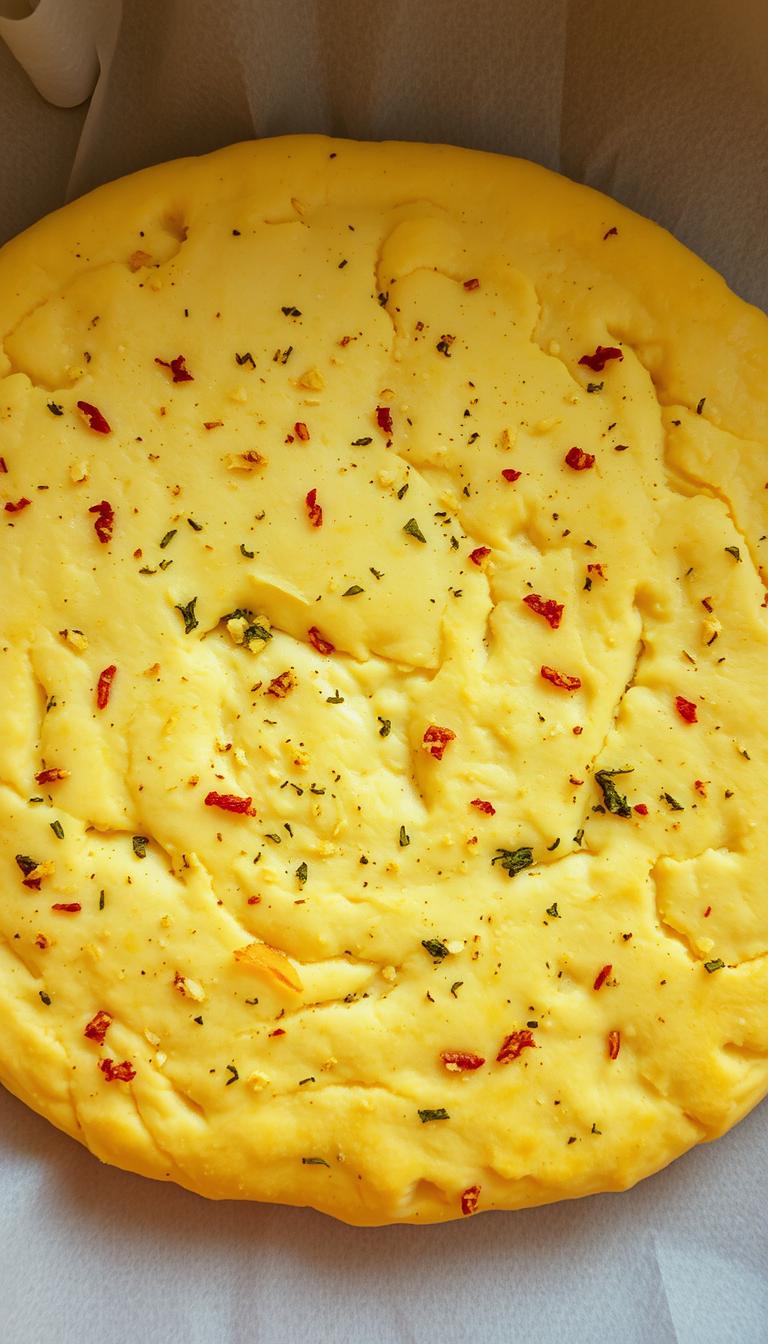 A freshly baked, golden-brown pizza dough, its surface dotted with flecks of minced garlic and fragrant herbs. The dough's texture is slightly chewy, with a faint aroma of yeast wafting through the air. The camera angle captures the dough from an overhead perspective, highlighting its circular shape and the intricate patterns created by the ingredients. Soft, natural lighting casts a warm glow, accentuating the dough's inviting appearance. The background is slightly blurred, allowing the pizza dough to take center stage and entice the viewer to imagine the delicious possibilities of this flavorful foundation for a homemade pizza.