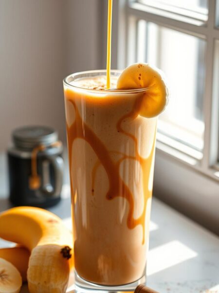 A freshly brewed espresso, swirling with creamy, frothy texture, blended seamlessly with ripe banana and a touch of vanilla. The smoothie is poured into a tall glass, garnished with a sprinkle of cinnamon and a slice of banana, casting warm, diffused shadows across the surface. The lighting is soft and natural, emanating from a window, creating a cozy, inviting atmosphere. The composition is balanced, with the smoothie taking center stage, surrounded by a minimalist, yet elegant backdrop, allowing the vibrant colors and textures to shine.