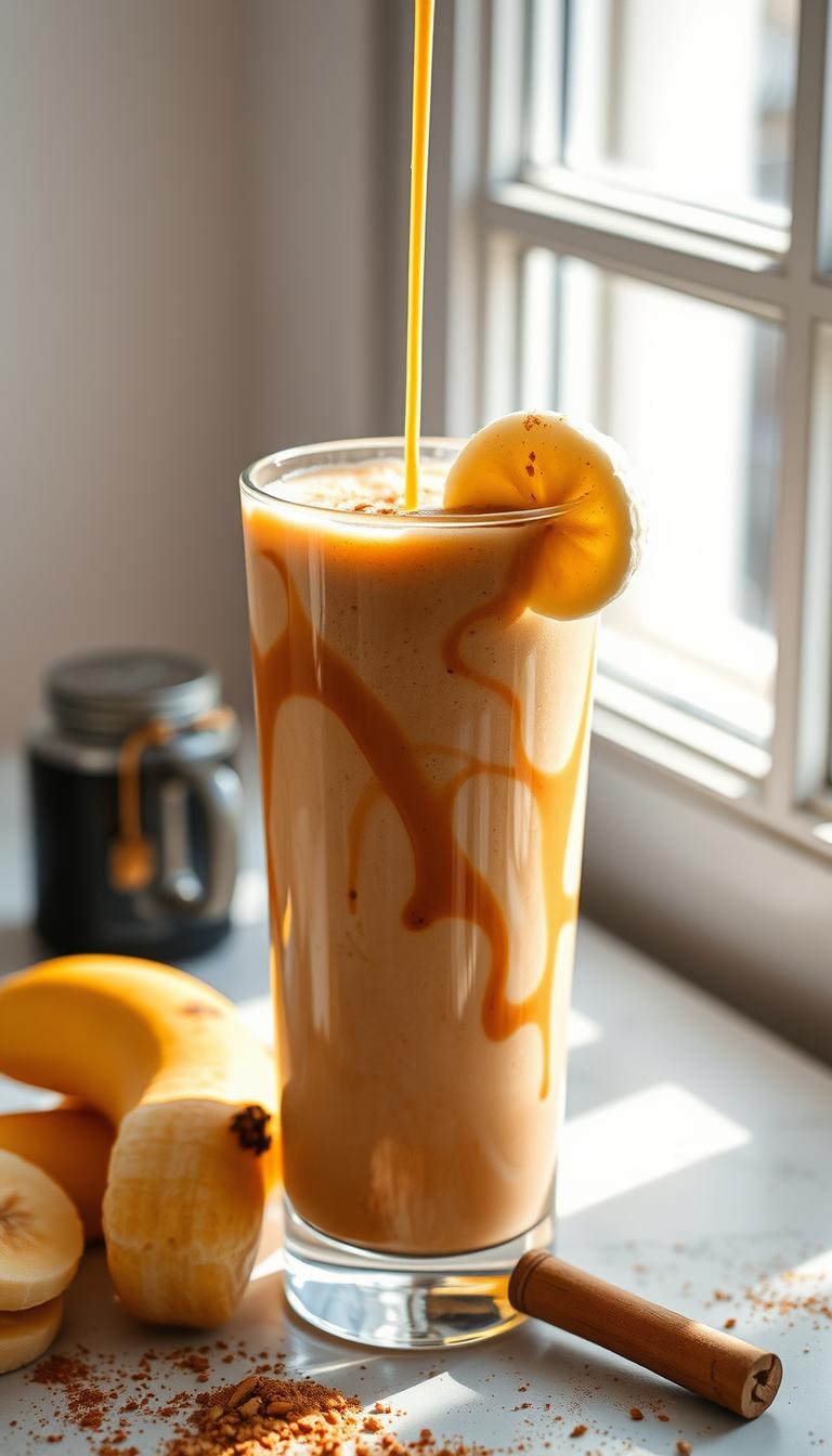 A freshly brewed espresso, swirling with creamy, frothy texture, blended seamlessly with ripe banana and a touch of vanilla. The smoothie is poured into a tall glass, garnished with a sprinkle of cinnamon and a slice of banana, casting warm, diffused shadows across the surface. The lighting is soft and natural, emanating from a window, creating a cozy, inviting atmosphere. The composition is balanced, with the smoothie taking center stage, surrounded by a minimalist, yet elegant backdrop, allowing the vibrant colors and textures to shine.