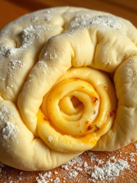 A freshly kneaded dough ball, its surface lightly dusted with flour, rests on a wooden countertop. Close-up, the dough's interior is revealed, showcasing a swirling pattern of melted cheese pockets nestled within the pillowy, golden-hued crust. Warm lighting from above casts a soft, inviting glow, highlighting the dough's supple, stretchy texture. The scene exudes an aroma of yeast, herbs, and the enticing aroma of baked cheese. A sense of anticipation and culinary delight permeates the composition, inviting the viewer to imagine the flavorful, indulgent pizza that will emerge from this cheesy, homemade dough.