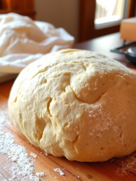 A freshly kneaded mound of whole wheat pizza dough, its golden-brown surface dusted with a light coating of flour. The dough rests on a wooden cutting board, the rich grain of the wood visible through the translucent dough. Soft, pliable, and ready to be stretched and shaped into a perfect pizza crust. Warm, natural lighting from a nearby window casts a gentle glow, highlighting the subtle variations in the dough's texture. The scene evokes the comforting aroma of freshly baked bread, inviting the viewer to imagine the flavorful possibilities of this versatile, wholesome dough.
