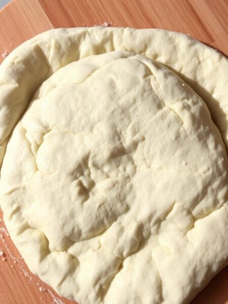 A freshly rolled-out gluten-free pizza dough, made with finely grated cauliflower, almond flour, and a hint of herbs, rests on a wooden cutting board. The dough has a soft, pliable texture, ready to be shaped into a thin, circular crust. The camera captures the dough from a high angle, showcasing its natural, earthy tones and the subtle variations in its surface. Soft, natural lighting illuminates the scene, creating a warm, inviting atmosphere that evokes the homemade, artisanal nature of the gluten-free pizza.