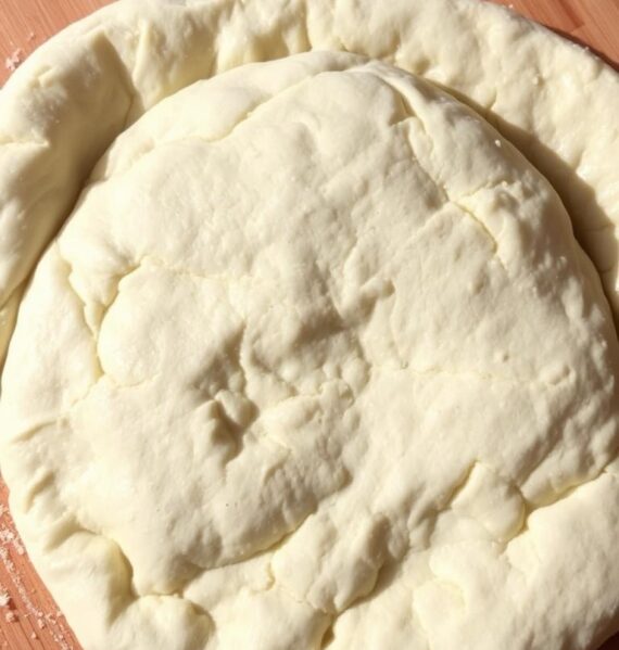 A freshly rolled-out gluten-free pizza dough, made with finely grated cauliflower, almond flour, and a hint of herbs, rests on a wooden cutting board. The dough has a soft, pliable texture, ready to be shaped into a thin, circular crust. The camera captures the dough from a high angle, showcasing its natural, earthy tones and the subtle variations in its surface. Soft, natural lighting illuminates the scene, creating a warm, inviting atmosphere that evokes the homemade, artisanal nature of the gluten-free pizza.