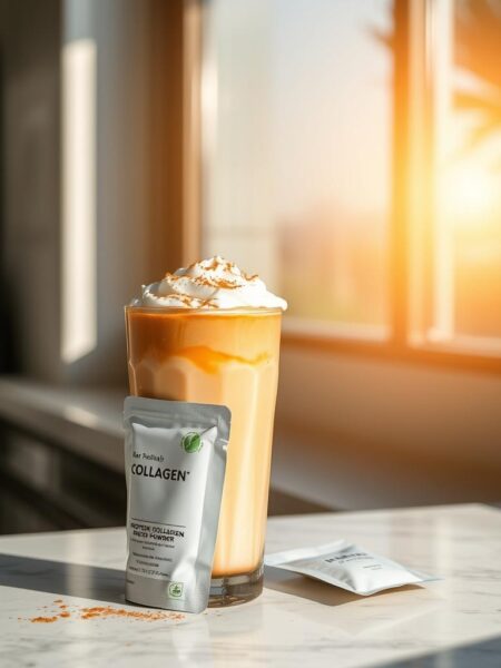 A glass of iced latte resting on a marble countertop, the sunlight gently filtering through the window and casting a warm, inviting glow. The latte is topped with a generous dollop of whipped cream, sprinkled with a dusting of cinnamon and a single protein-rich collagen powder sachet nestled beside it. The overall composition conveys a sense of freshness, energy, and healthfulness, perfectly suited for a busy morning start.