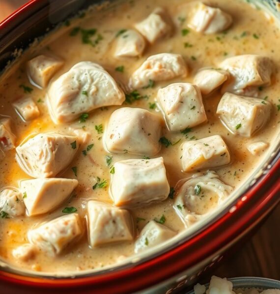 A glistening slow cooker on a rustic wooden table, filled with a creamy, ranch-infused chicken stew. Tender chunks of white meat chicken, simmered in a rich, velvety sauce, accented by flecks of fresh herbs. The aroma of garlic, onions, and a hint of peppery spice wafts through the air, creating a cozy, comforting atmosphere. Soft, pillowy mashed potatoes or fluffy rice await, ready to soak up the delectable sauce. Warm, golden lighting casts a soothing glow, inviting the viewer to dive into this hearty, soul-nourishing dish.