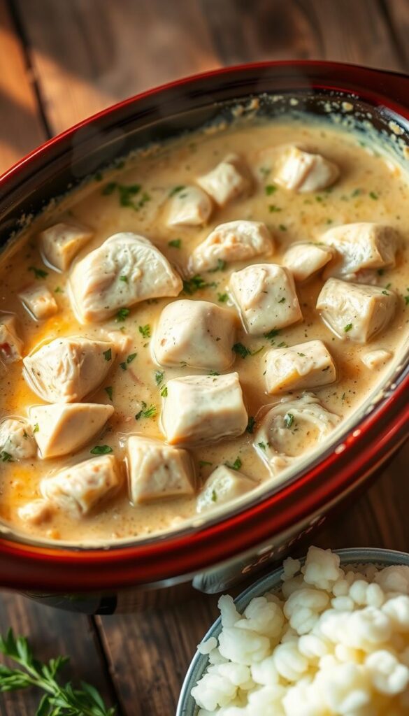 A glistening slow cooker on a rustic wooden table, filled with a creamy, ranch-infused chicken stew. Tender chunks of white meat chicken, simmered in a rich, velvety sauce, accented by flecks of fresh herbs. The aroma of garlic, onions, and a hint of peppery spice wafts through the air, creating a cozy, comforting atmosphere. Soft, pillowy mashed potatoes or fluffy rice await, ready to soak up the delectable sauce. Warm, golden lighting casts a soothing glow, inviting the viewer to dive into this hearty, soul-nourishing dish.